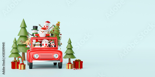 Merry Christmas and Happy New Year, Santa Claus and friend in a red car with Christmas decoration, 3d rendering © NuTz