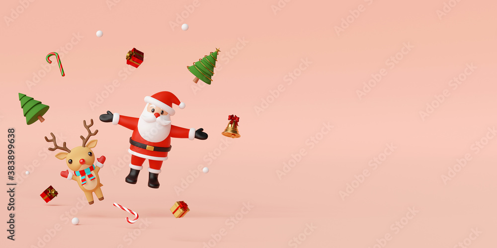 Merry Christmas and Happy New Year, Santa Claus and reindeer with Christmas decoration, 3d rendering