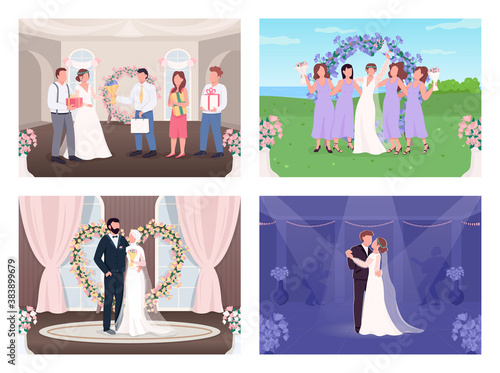 Wedding celebration flat color vector illustration set. Newlyweds couple first dance. Bride and groom with guests 2D cartoon characters with interior and landscape on background collection