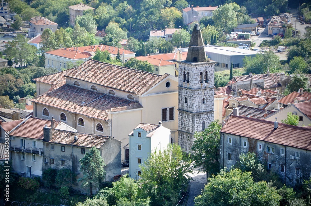 Bakar - seaside touristic town near Rijeka in Croatia, Church with bell tower of St. Andrew the Apostle, late baroque church, the third largest in Croatia.