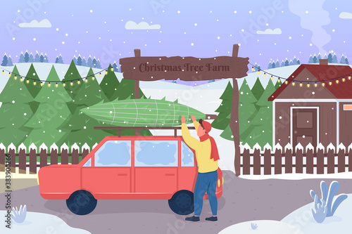 Character bought xmas tree at the market flat color vector illustration. Holiday tradition. Harvest your owm evergreen symbol. Happy man 2D cartoon characters with christmas tree farm on background