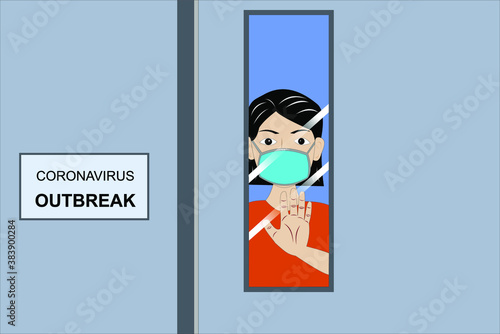 Corona virus vector illustration. Covid 19 quarantine rooms and epidemic warning signs in hospitals with disease control experts, corona virus outbreak control.