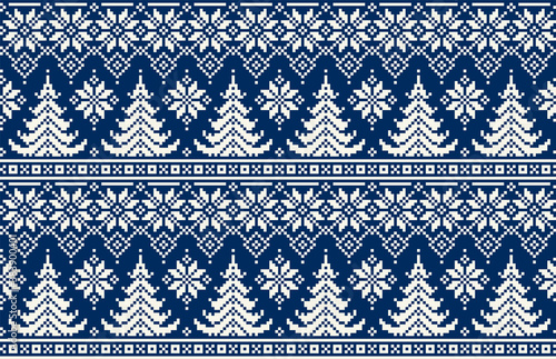 Winter Holiday Pixel Pattern with Christmas Trees. Traditional Nordic Seamless Striped Ornament. Scheme for Knitted Sweater Pattern Design or Cross Stitch Embroidery.