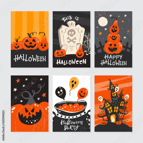 Halloween greeting cards set with handwritten lettering and traditional symbols