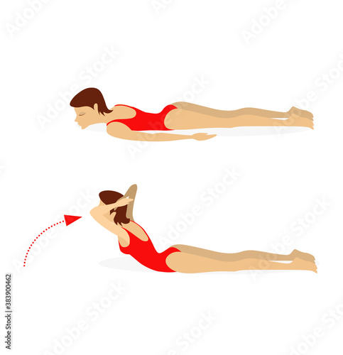 Girl in a swimsuit lying on the floor does exercises to strengthen the muscles of the abdominal press, back and legs. Vector illustration isolated on white background