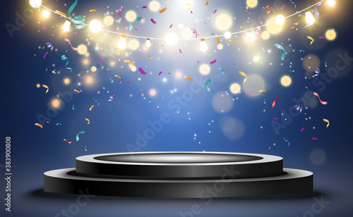 Round podium, pedestal or platform, illuminated by spotlights in the background. Vector illustration. Bright light. Light from above. Advertising place
