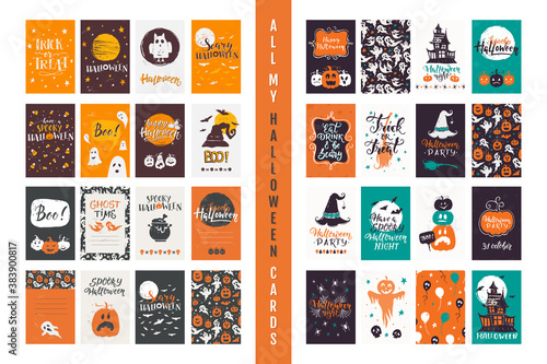 Halloween greeting cards big set with handwritten lettering and traditional symbols