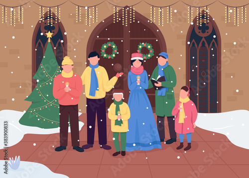 Christmas church choir flat color vector illustration. Singing carol songs. Worship gatherings. Happy holiday 2D cartoon characters with traditionaly decorated church on background
