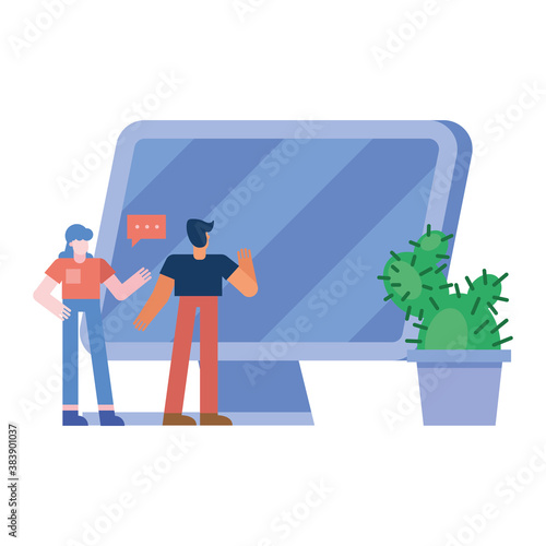 Woman and man with computer and cactus vector design photo