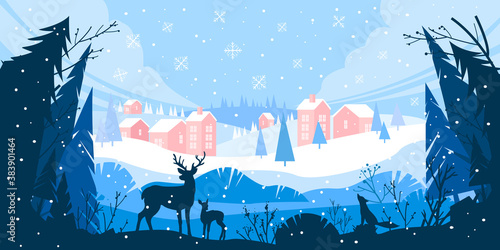 Christmas winter vector landscape with snow drifts, mountain village, forest, pines, reindeer. Holiday nature background with fox, hills, houses. X-mas panoramic banner with winter outline landscape