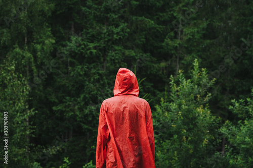 Minimalistic shot, back view on a mountain fir forest background. Man in a red jacket standing in front of a greenery. Background, travel concept, copy space, contrast.