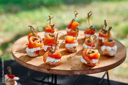 Outdoor catering banquet in summer. Table with snacks and canapes  at a summer banquet