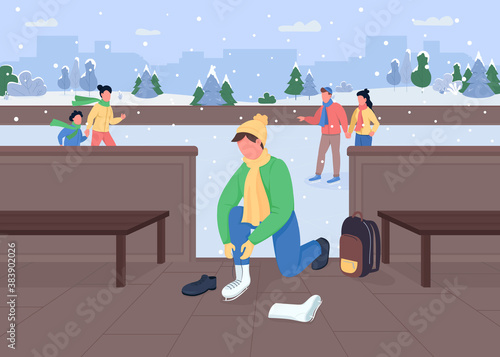 Ice skating flat color vector illustration. Winter activities types. Frozen ice rink. Sportsman changing shoes. Light snowfall. Sporty 2D cartoon characters with snowy city on background