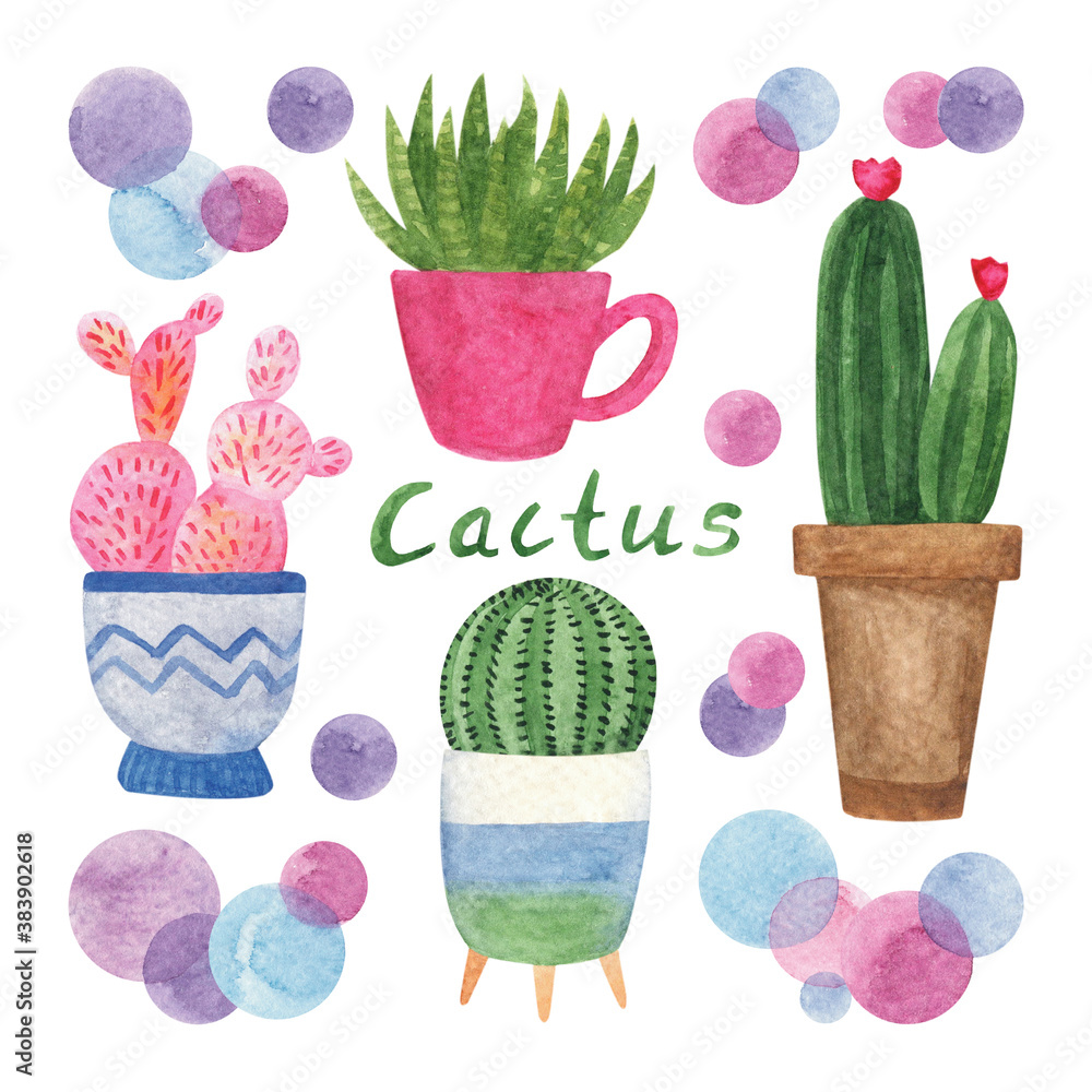 Set of cute hand drawn watercolor cactus pots. Illustrations house plant for wedding design, logo, greeting card or seasonal design. Isolated on white background. Set of cute hand drawn watercolor cactus pots. Illustrations house plant for wedding design, logo, greeting card or seasonal design. Isolated on white background.