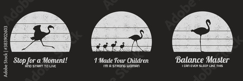 Set of black and white retro illustrations with silhouettes of flamingos. Animal mother and children. Texture backgrounds with endangered bird in wild. Vector vintage designs for prints, t-shirts