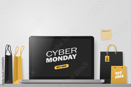 Online shopping concept. Cyber monday. Big sale. Workspace with laptop and shopping bags . Vector illustration