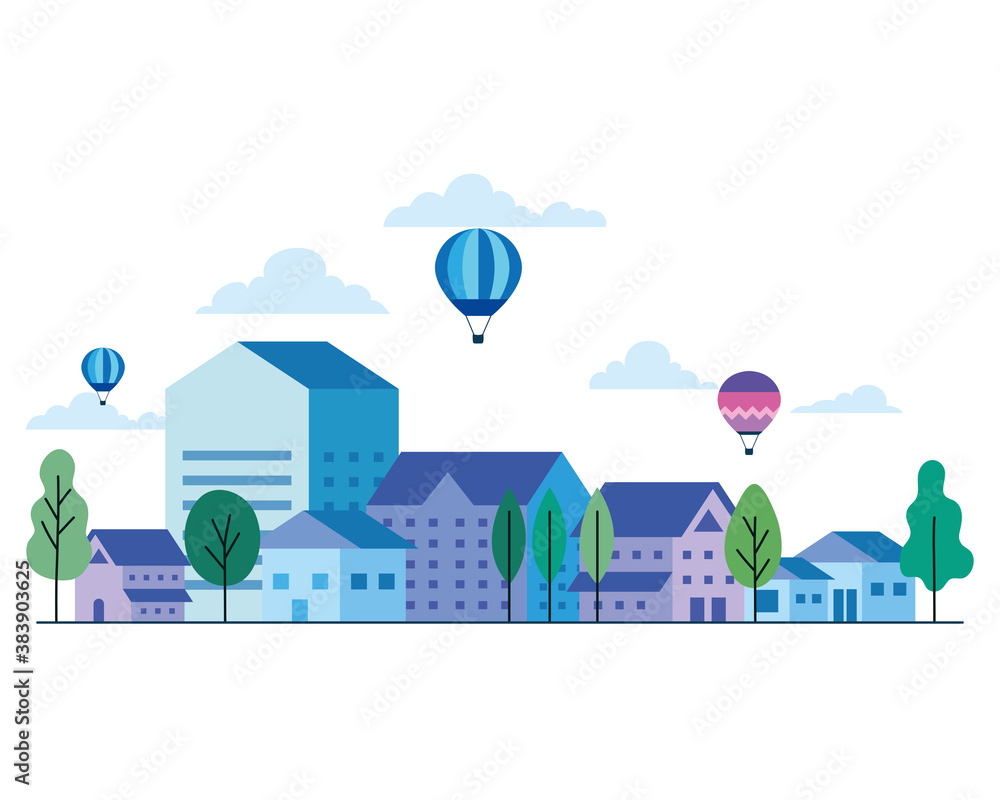 City houses with hot air balloons trees and clouds vector design City houses with hot air balloons trees and clouds vector design