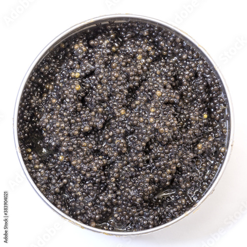 Black caviar in metal can, top view photo