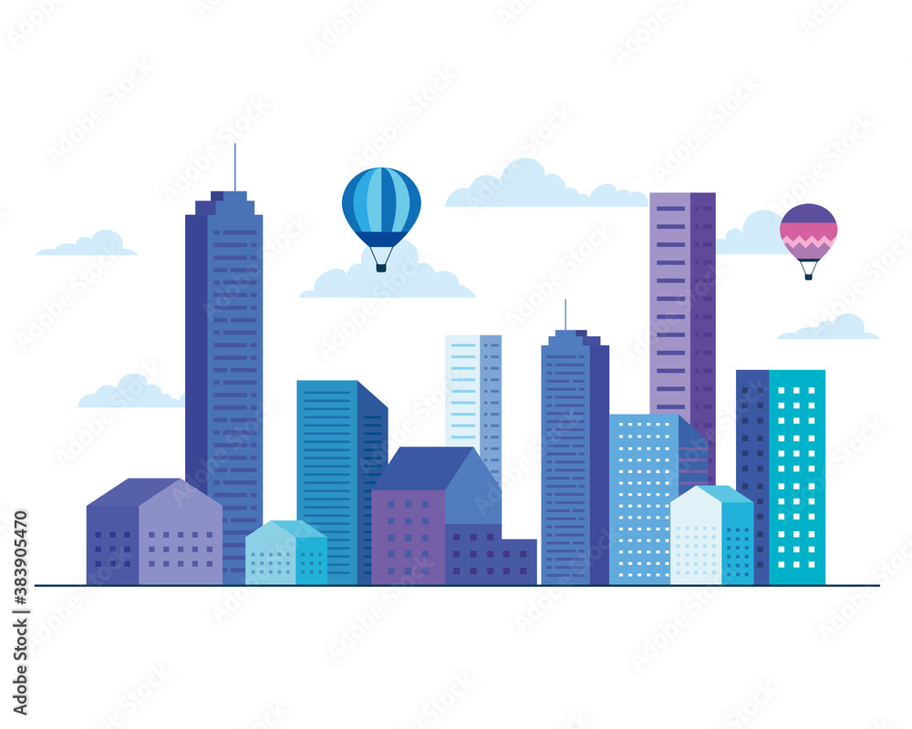 City buildings with hot air balloons and clouds vector design