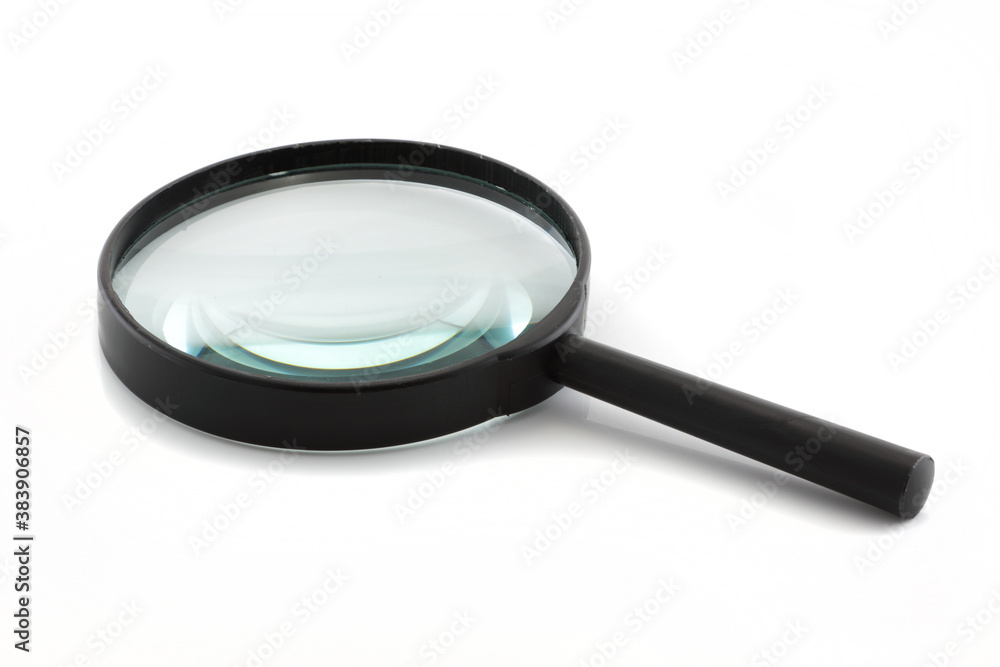 Magnifying glass isolated on white with blue lens refraction Magnifying glass isolated on white with blue lens refraction