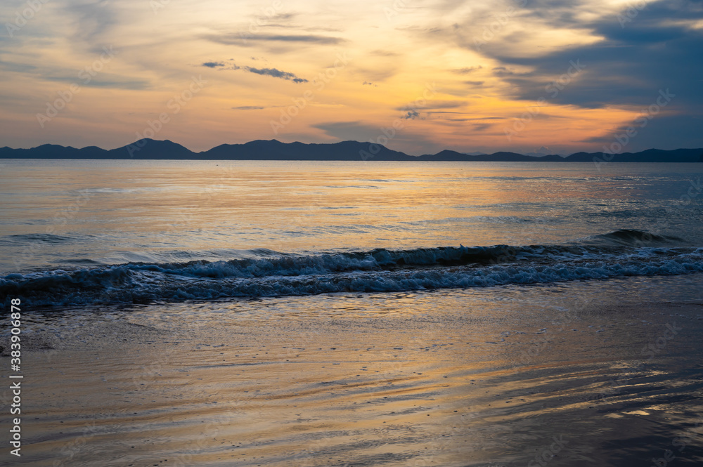 Beautiful views of the sandy beach at sunset. At Klong Muang Beach Krabi Province, Thailand