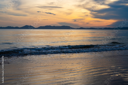 Beautiful views of the sandy beach at sunset. At Klong Muang Beach Krabi Province, Thailand