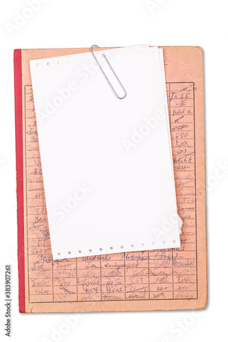 vintage red record with a blank sheet of paper, isolated on whit