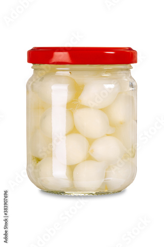 Isolated jar of pickled onions