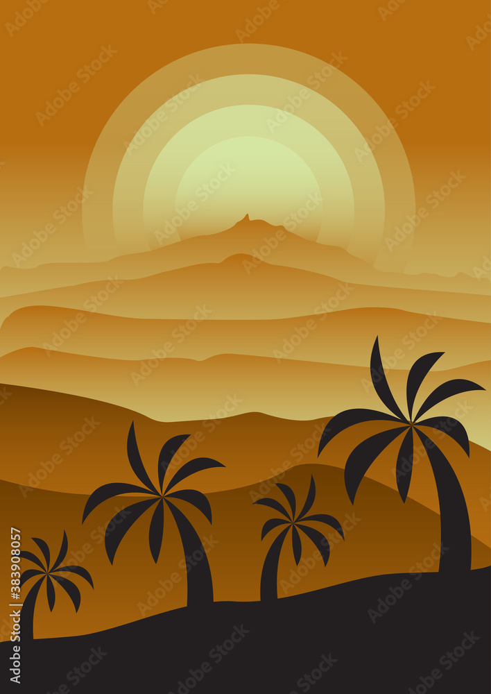 Monochrome foggy sunset landscape with desert and palm trees. Gradients in shades of gold. Vertical vector illustration for postcards, posters, polygraphy, textile, design, interior decor