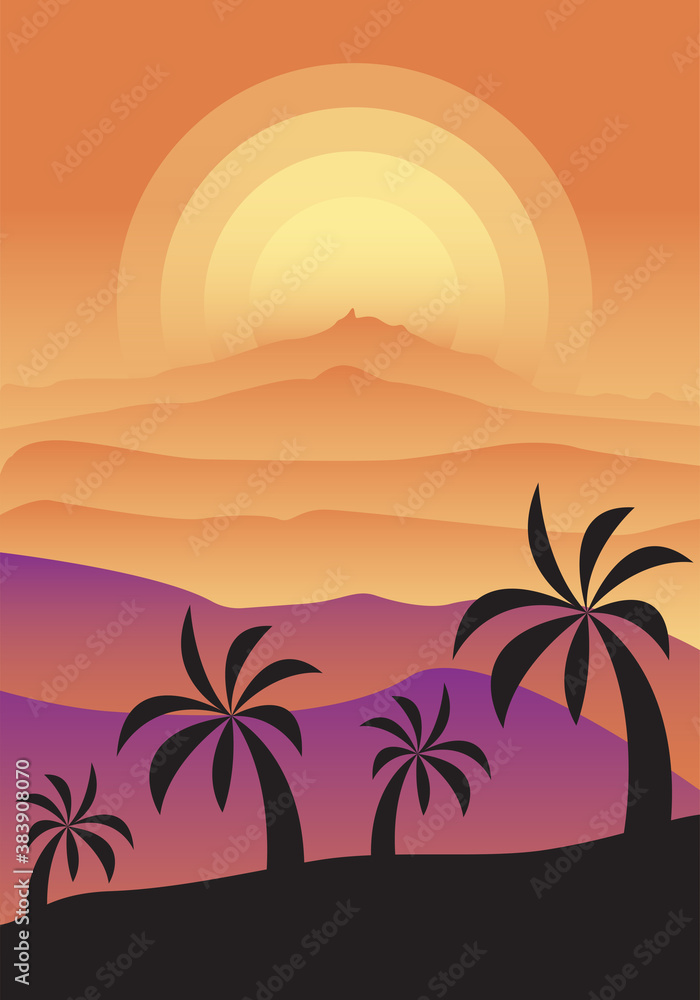Monochrome foggy sunset landscape with desert and palm trees. Gradients in shades of pink and orange. Vertical vector illustration for postcards, posters, polygraphy, textile, design, interior decor