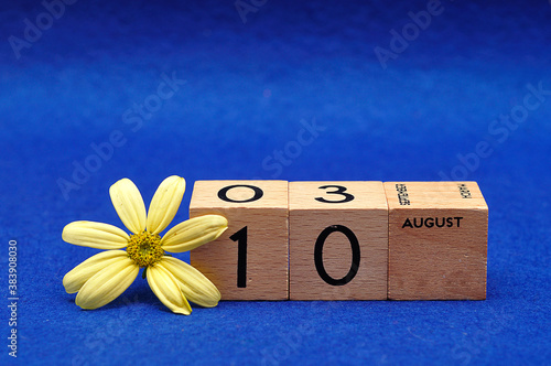 10 August on wooden blocks with a yellow flower on a blue background