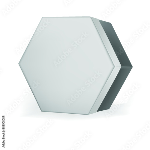 a hexagonal box stands sideways for presentations on a white background with a shadow