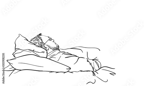 Man naps on two pillows at home. Vector drawing of upper body bearded male person with eyeglasses and clothes. Incorrect sleeping posture concept. Hand drawn illustration Black line sketch on white