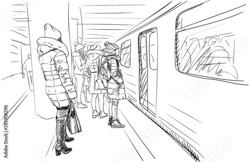 group of girls in warm winter clothes  coats and hats are standing on metro platform waiting for train open doors. City sketch vector drawing  Hand drawn illustration black on white