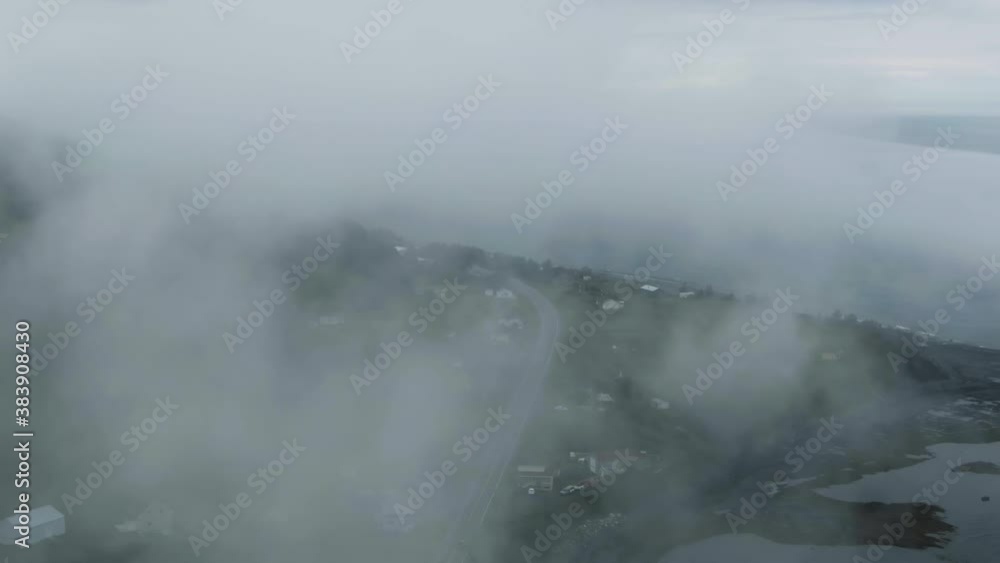 Overcast Landscape At Quiet Village Along The Road By The Chic-Choc Mountains In Saint Lawrence River, Gaspe Peninsula, Quebec Canada. - Aerial Drone Shot Overcast Landscape At Quiet Village Along The Road By The Chic-Choc Mountains In Saint Lawrence River, Gaspe Peninsula, Quebec Canada. - Aerial Drone Shot