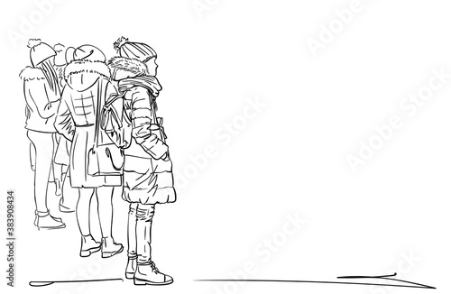 Undefined group of girls in warm winter clothes, coats and hats are standing and waiting. City sketch vector drawing people isolated with space for text, Hand drawn illustration black on white
