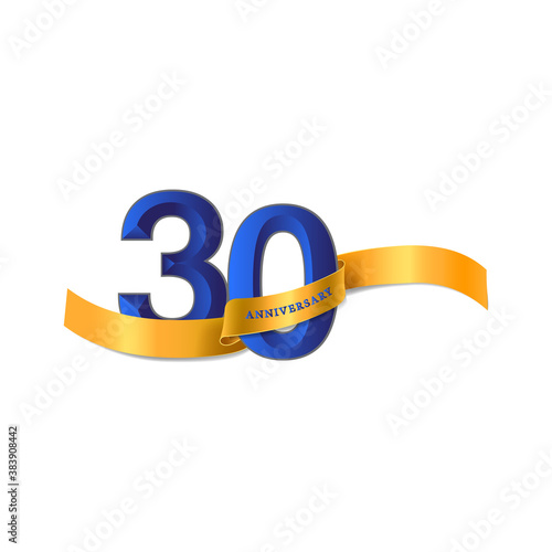 30 Year Anniversary Celebration with yellow ribbon Design, Number vector template