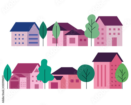 City buildings houses and trees set vector design