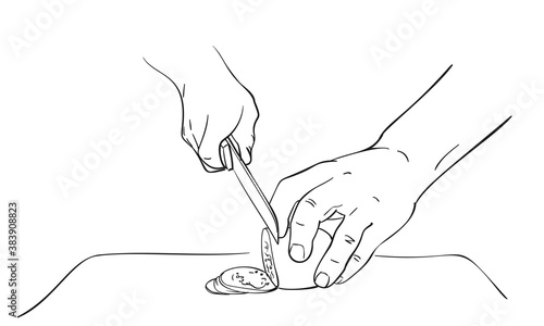 Close up hands cutting vegetable with knife on chopping board, Vector drawing, Hand drawn illustration black ink sketch on white background. Cooking food