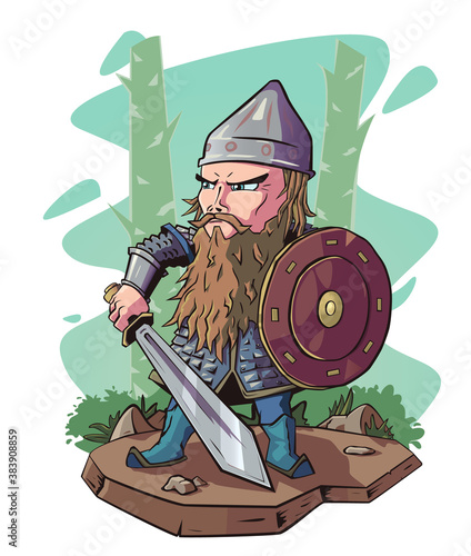 Russian hero with a sword. Folk, a fairy tale. Epic character. Vector illustration
