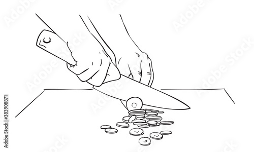 Close up hands cutting vegetable carrot with knife on chopping board, Vector drawing, Hand drawn illustration black ink sketch on white background. Cooking food basic knife skills