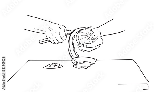 Close up hands peel grapefruit with knife, Vector drawing, Hand drawn illustration black ink sketch on white background. Cooking healthy food and kitchen concept