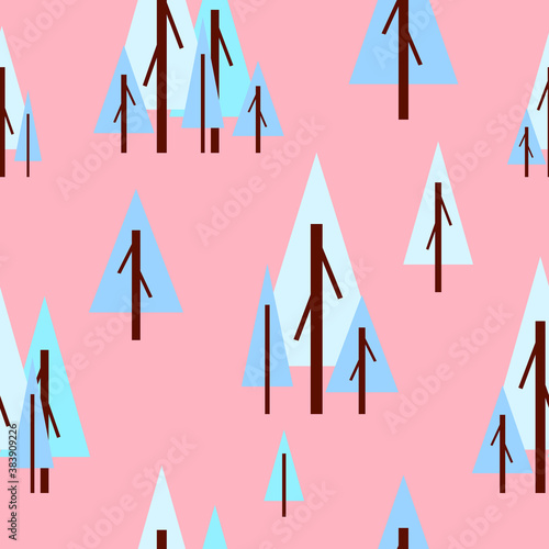 Seamless pattern with winter blue fir-trees. Pink background. Cartoon flat style. Garden or forest. Nature and ecology. Merry Christmas. Postcards, wallpaper, textile, scrapbooking and wrapping paper