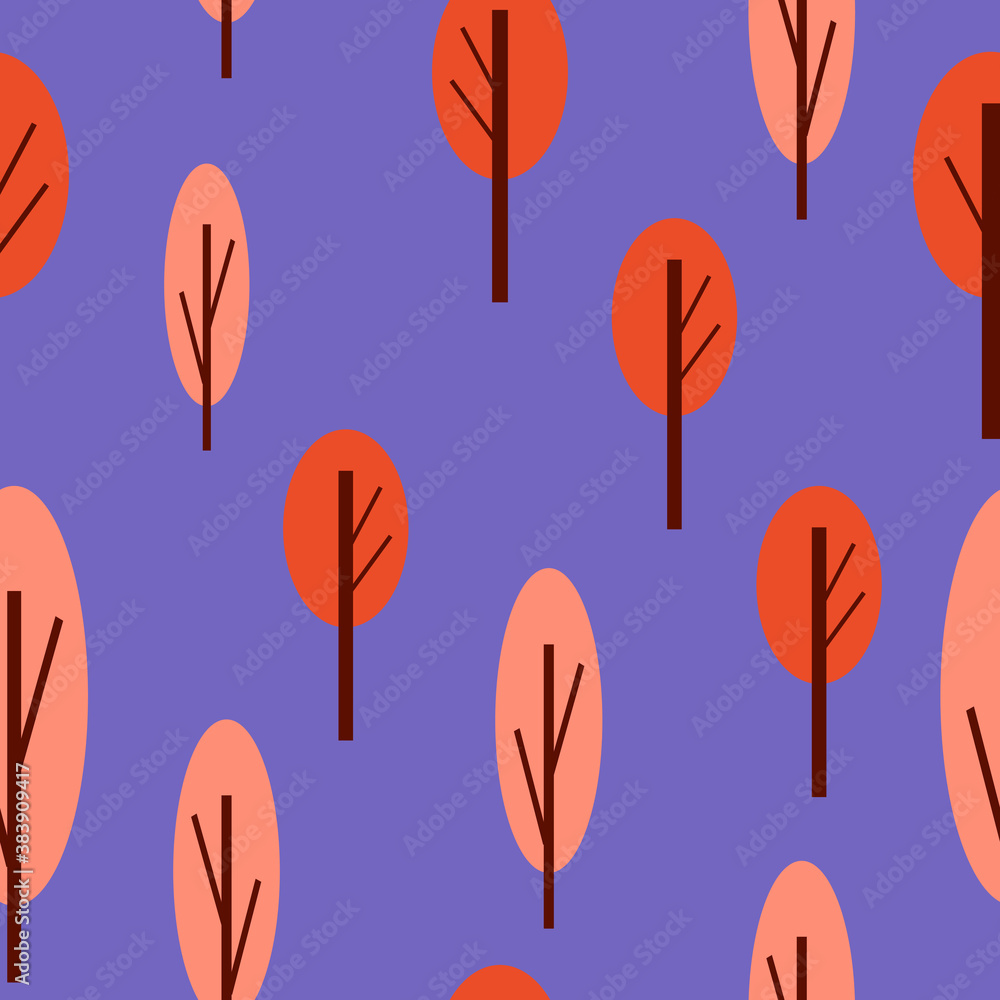 Seamless pattern with autumn trees. Red and pink. Violet background. Cartoon flat style. Garden or forest. Nature and ecology. For postcards, wallpaper, textile, scrapbooking and wrapping paper Seamless pattern with autumn trees. Red and pink. Violet background. Cartoon flat style. Garden or forest. Nature and ecology. For postcards, wallpaper, textile, scrapbooking and wrapping paper