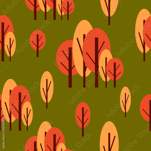 Seamless pattern with autumn trees. Red and pink. Green background. Cartoon flat style. Garden or forest. Nature and ecology. For postcards, wallpaper, textile, scrapbooking and wrapping paper