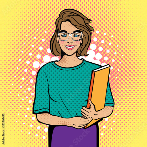 Young woman in pop art style. Background in comic style retro pop art. Illustration for print advertising and web.