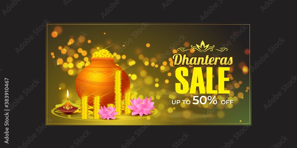 Vector Dhantera Festive Season Sale banner, 50% off, lotus, diya, on beautiful bokeh background.