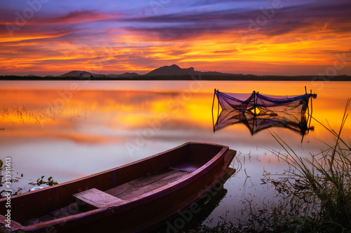 A boat tide at the lake near the net