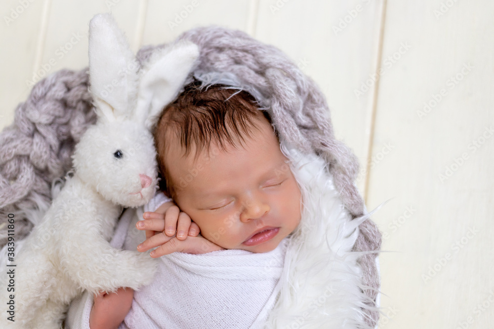 a newborn baby girl is sleeping sweetly in a basket with a soft toy hare in her arms a newborn baby girl is sleeping sweetly in a basket with a soft toy hare in her arms