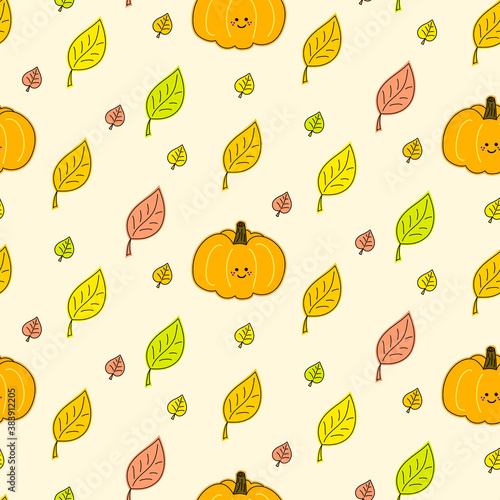 Vector seamless pattern with cute pumpkins and autumn leaves falling down